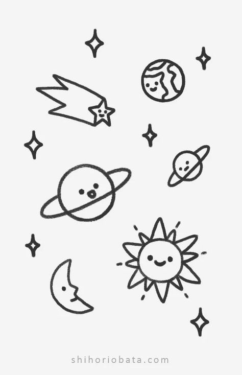 Cute Planet Drawings Kawaii, Small Planet Drawing, How To Draw Astronaut Easy, Cute Planets Drawing, Space Simple Drawings, Expo Drawings Easy, Simple Space Drawings Easy, Easy Space Doodles, Outer Space Drawing Ideas