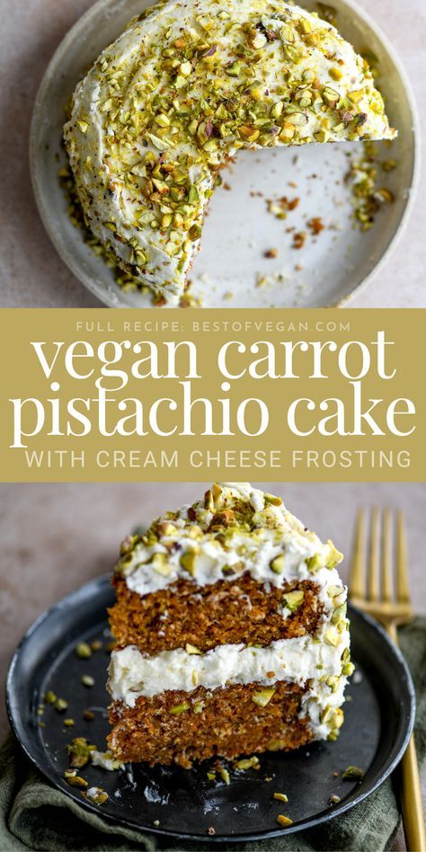 This carrot pistachio cake recipe, made entirely without eggs and dairy, is the perfect mix of fluffy and moist. Paired with a vegan, lemony buttercream & cream cheese frosting, it’s the perfect cake to make for birthdays or any other celebratory occasion. The pistachio kernels add even more delicious flavor, as well as a bit of crunch! #VeganCake #EasyVeganCake #DairyFreeFrosting #PistachioCake #CarrotCake #VeganCarrotCake #PistachioRecipes #VeganBaking 🥕🍰 Pistachio Carrot Cake, Buttercream Cream Cheese Frosting, Vegan Pistachio Cake, Fluffy Recipe, Pistachio Cake Recipe, Raw Vegan Cake, Vegan Carrot Cake, Vegan Birthday Cake, Vegan Baking Recipes