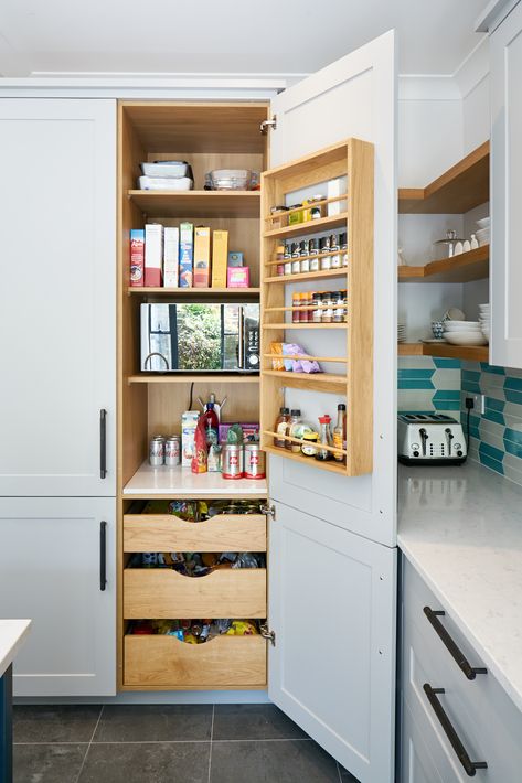 kitchen storage, kitchen larder, oak drawers, spice rack, buster and punch Kitchen Larder, Casa Clean, Kitchen Unit, Small Kitchen Ideas, Kitchen Pantry Design, Kitchen Cabinets Decor, Garden Decor Ideas, Modern Kitchen Cabinets, Kitchen Units