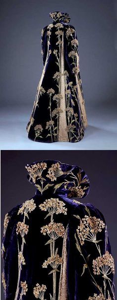 Marshall and Snelgrove Ltd 1895-1900 Purple velvet coat with Medieval-style collar. Entirely covered with dramatic sprays of an English wildflower called Sweet Cicely that are hand-embroidered in yellow and green silk, with petals of white felt. 파티 드레스, Velvet Gown, Velvet Coat, Viria, Retro Mode, Antique Clothing, Medieval Fashion, Vestidos Vintage, Edwardian Fashion