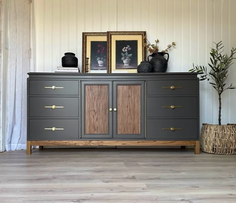 || AVAILABLE || Vintage Triple dresser made by Kroehler in a chameleon bronze shade and light-medium wood tone🤩 Simple and sophisticated redesign with texture and wood accents. Love this new hardware with backplates on it😍 I want to give a shout out to Laura @redeemedheartwood for being the inspiration for this piece. The design and colour inspo came from her- she is phenomenally talented. If you’re not following her, you are missing out, folks! Dimensions - 70.5” W x 18” D x 34” H. Sen...