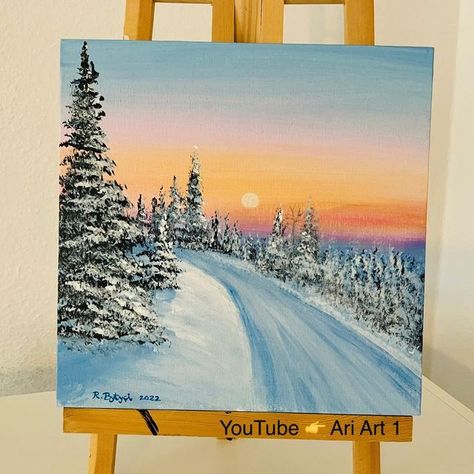 Best Friends Paintings Ideas, Winter Sunrise Painting, Acrylic Painting Ideas Winter, Canvas Painting Ideas Winter, Painting Ideas On Canvas Winter, Landscape On Canvas, Snowy Paintings Easy, Xmas Paintings On Canvas Easy, Canvas Landscape Painting