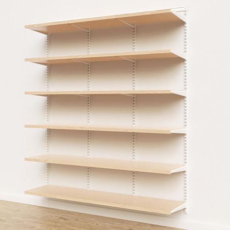 Elfa Décor 6' White & Birch Basic Shelving Units for Anywhere | The Container Store Entertainment Shelves, Shallow Pantry, Elfa Shelving, Store Shelves Design, Shop Shelving, Craft Office, Laundry Room Shelves, Custom Shelving, Shelving Solutions