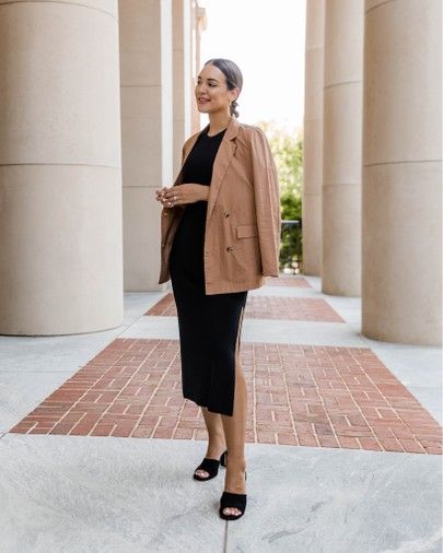 Midi dress, black dress, lbd, mules, blazer, linen blazer, bodycon dress, Amazon, Amazon dress, @liketoknow.it http://liketk.it/2TObe #liketkit Mules Dress Outfit, Heeled Mules Outfit, Mules With Dress, Mule Heels Outfit, Heel Mules Outfit, Black Mules Outfit, Versace Mules, Faux Fur Jacket Outfit, Branding Photoshoot Outfit