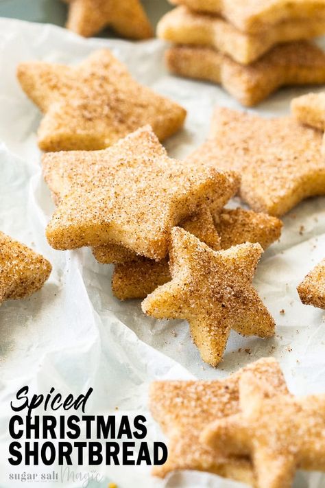 These Spiced Shortbread Christmas Cookies are a family favourite recipe. Butter shortbread biscuits dusted with a mixture of sugar, cinnamon and other festive spices make a perfect Christmas treat or gift. #sugarsaltmagic #festivecookies #shortbreadcookies #christmasshortbreadcookies #christmascookies Gourmet Shortbread Cookies, Spiced Biscuits Recipe, Shortbread Cookie Toppings, Christmas Spice Cookies Recipes, Savoury Shortbread Cookies, Spice Christmas Cookies, Xmas Biscuits Recipe, Christmas Bakes Gifts, Spiced Christmas Cookies