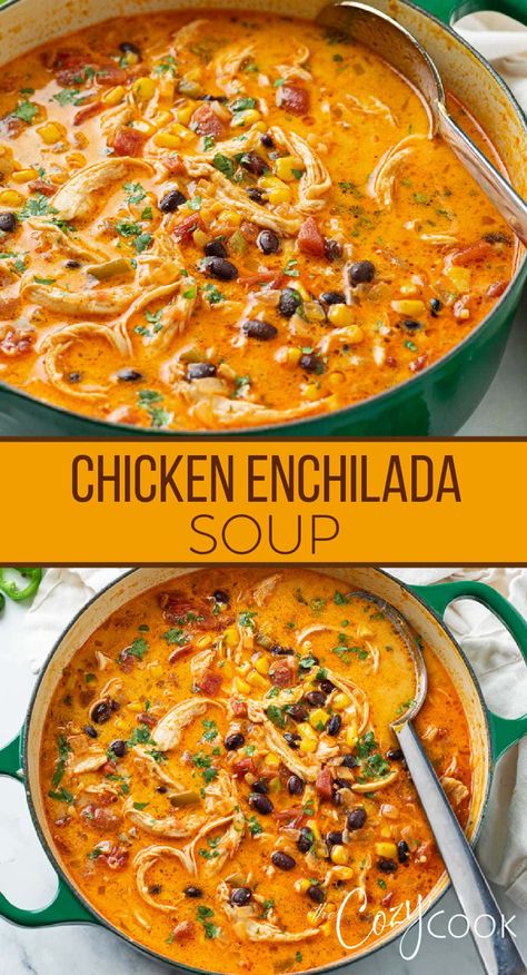 This EASY Chicken Enchilada Soup recipe can be made on the stove top or in the Crock Pot! Use chicken breast, chicken thighs, or leftover chicken along with simple pantry ingredients. Chicken Enchilada Soup Recipes, Enchilada Soup Recipe, Chicken Enchilada Soup, Enchilada Soup, Chicken Enchilada, Ground Beef Recipes For Dinner, Soup Dinner, Easy Soup, Leftover Chicken