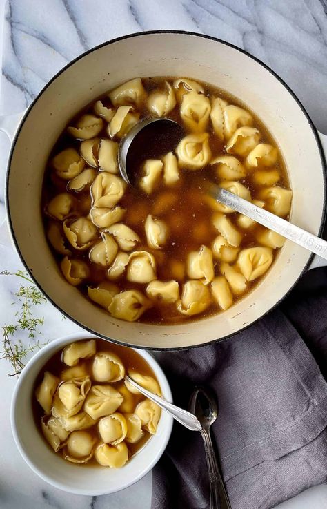 Tortellini in Brodo (Tortellini in Broth) Tortellini En Brodo Soup Recipes, Tortellini Al Brodo, Tortellini En Brodo, Ravioli En Brodo, Tortellini Brodo, Chicken Soup Aesthetic, Raviolo Aperto, How To Make Tortellini, Female Foodie