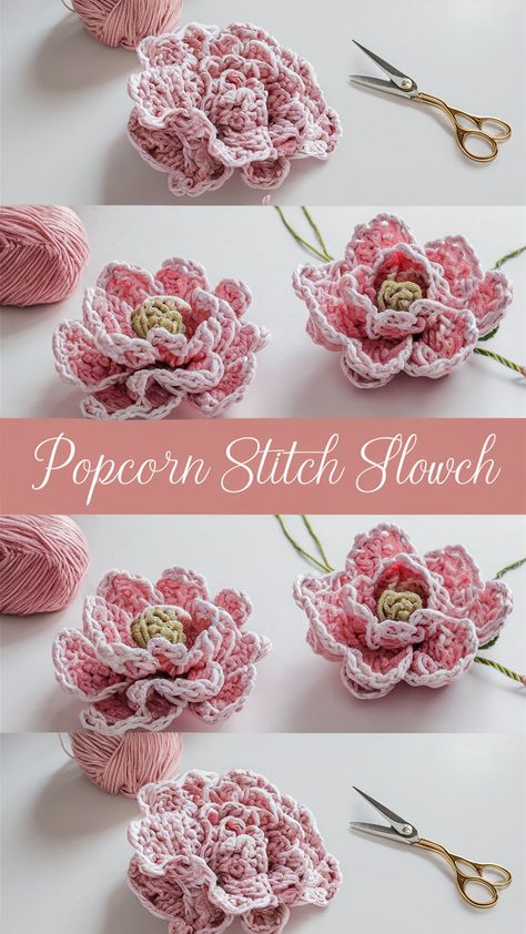 Free crochet pattern for pink popcorn flowers. Clear instructions for all skill levels. Perfect for adding texture to any project. Crochet Flower Petals Free Pattern, Crochet Flower Edging And Borders, Flat Crochet Flowers, Crochet On Fabric, Big Crochet Flower, Flower Puff Crochet, Pink Crochet Flowers, Cute Crochet Flowers, Crochet Flower Patterns Free