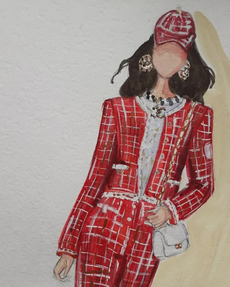 Chanel Sketches Fashion, Chanel Drawing Sketches, Chanel Fashion Illustration, Tweed Fashion Illustration, Tweed Illustration, Chanel Sketches, Hand Fashion Illustration, Chanel Drawing, Chanel Tweed Fabric