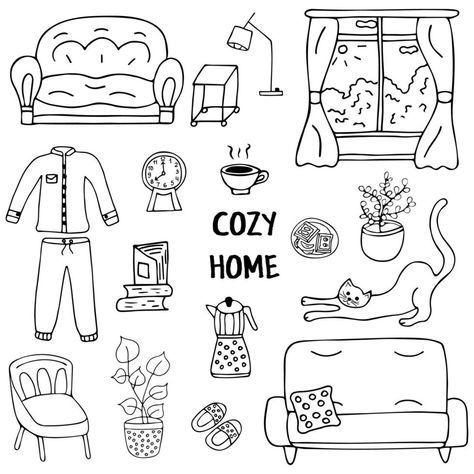 Cozy Doodles, Ink Doodles, Black And White Stickers, Cozy Home, White Houses, Quilt Blanket, Cozy House, Vector Art, Vector Free