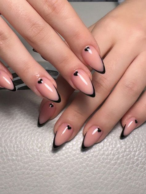 Black Holo French Tip Nails, Cute Almond Nails Design Black, Black Design Gel Nails, Black Nail Color Ideas, Nail Art Designs Pink And Black, Nails With One Design Ring Finger, Black Nails Acrylic French Tips, Almond Shaped Nail Art, Simple Acrylic Nails Designs