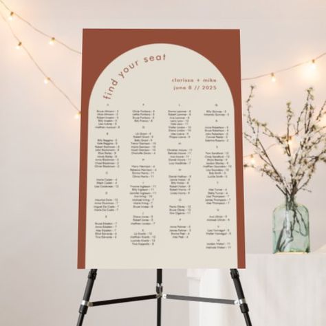 $57.25 | Terracotta Arch Alphabetical Wedding Seating Chart #wedding seating, alphabetical seating chart, reception table plan, modern, minimal, geometric, arch, terracotta, modern chic, neutrals Wedding Find Your Seat, Menu Wedding Sign, Seating Chart Display, Terra Cotta Wedding, Wedding Foam Board, Engagement Party Themes, Alphabetical Seating Chart, Sparkly Rings, Rehearsal Dinner Menu