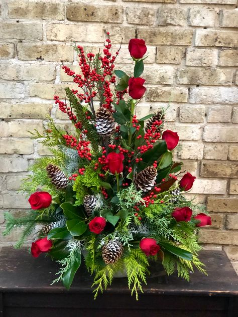 Christmas Floral Arrangements For Cemetery, Christmas Altar Flowers, Winter Church Flower Arrangements, Christmas Floral Arrangements For Graves, Christmas Tree Floral Arrangement, Large Christmas Flower Arrangements, Christmas Flower Arrangements For Graves, Christmas Cemetery Arrangements, Christmas Arrangements For Cemetery