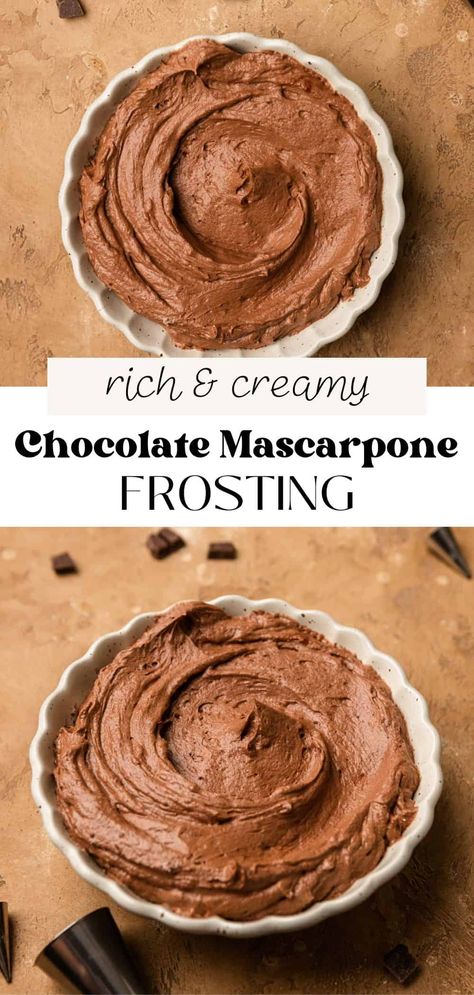 This creamy and fluffy chocolate mascarpone frosting has a rich chocolate flavor and holds its shape for decorating cakes and cupcakes! The mascarpone makes the texture silky smooth and adds a subtle tang that is oh so delicious. Chocolate Cake With Mascarpone Filling, Chocolate Mascarpone Frosting, Marscapone Frosting, Fruit Filling Recipe, Fillings For Cakes, Buttercream Glaze, Chocolate Banana Cupcakes, Chocolate Mascarpone, Mascarpone Frosting