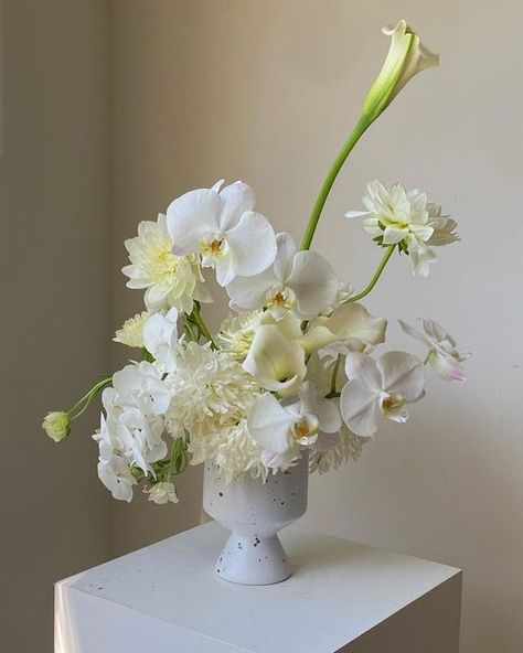 Modern White Flowers, Flower Arrangement With Orchids, Orchid Wedding Florals, Modern White Floral Arrangements, White Decor Wedding, Puni Petals, Modern Orchid Arrangements, White Flower Arrangement, Modern Flowers