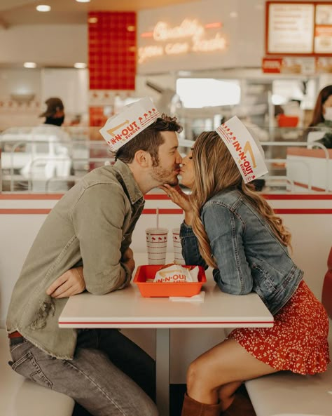 In N Out Photoshoot Ideas, 50s Photoshoot Couple, Mcdonald’s Engagement Shoot, Mcdonalds Engagement Shoot, In N Out Couple Photoshoot, Engagement Photos In N Out, Couple Diner Photoshoot, Quirky Photoshoot Ideas, In And Out Photoshoot