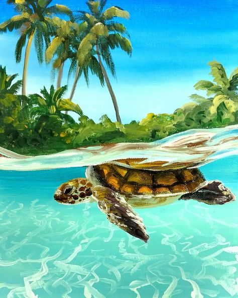 Half Underwater Painting, Ocean Turtle Painting, Half Underwater Art, Beach Theme Painting Ideas, Half And Half Paintings, Siloette Ideas Painting, Summer Paintings On Canvas Aesthetic, Ocean Animal Painting, Summer Paintings On Canvas