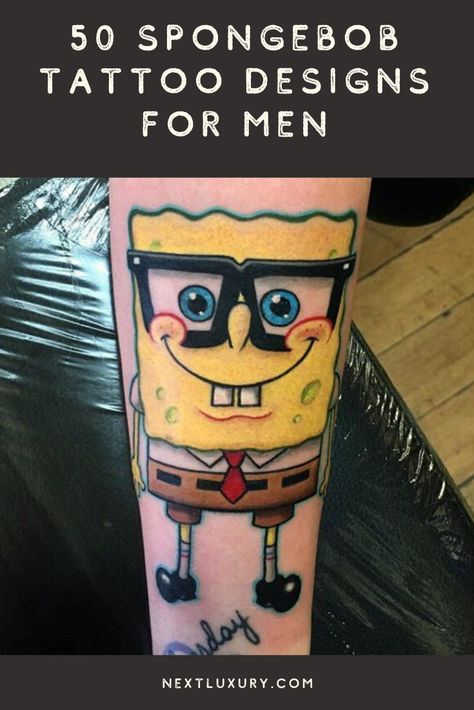 You may not live in a pineapple under the sea, but that’s no reason not to savor the undersea world of Spongebob and his nautical buddies. Nickelodeon’s breakout series has enjoyed a decade-long run, with fans of all ages returning to Bikini Bottom year after year. #nextluxury #tattooideas #tattoodesigns My Leg Spongebob Tattoo, Nickelodeon Tattoos, My Leg Spongebob, Man Ray Spongebob, Spongebob Tattoo Ideas, Weightlifting Tattoo, Spongebob Tattoo, Glasses Tattoo, Black Bird Tattoo