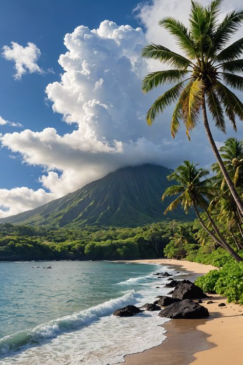 Unveiling Big Island&#8217;s Weather Wonders 🌴 Remote Island Aesthetic, Big Island Hawaii Aesthetic, Island Aesthetic Tropical, Beach With Mountains, Tropical Island Aesthetic, Tropical Mountains, Tropic Island, Mountain Island, Landscape Island