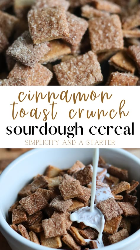 Perfectly crunchy squares, sweetened with cinnamon and sugar, and with the goodness of sourdough, this Sourdough Cinnamon Toast Crunch Cereal recipe is going to be your newest obsession! Made with 7 simple ingredients and under 15 minutes, it is a sure win for breakfast time. Sweet Sourdough Starter, Sourdough Farmers Market Stand, Sourdough Cereal, Sourdough Dessert, Cinnamon Toast Crunch Cereal, Sourdough Desserts, Starter Discard Recipes, Everything Sourdough, Using Sourdough Starter