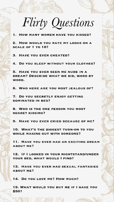 The question game is a game designed to spark conversation between friends. The game first starts off with someone asking the other player to choose a number (1-#). The first person then asks the player the question that corresponds to that number. Find out all the tea about your friends with this game of truth and of course, gossip! Truth Or Dare Questions Flirty, Number Question Game For Couples, Truths To Ask, Gossip Questions, Games Over Text With Boyfriend, Conversation Between Couples, Games On Text, Flirty Questions Game, Who Is Most Likely To Questions Game Couple