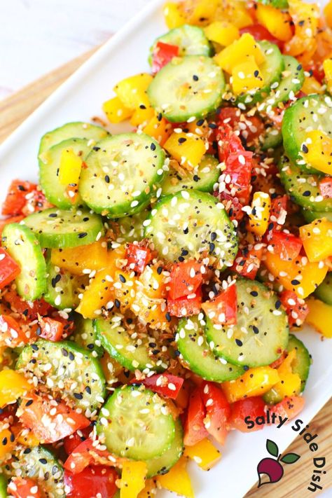 Cucumber Pepper Salad Recipe | 10 Minute Summer Salad FTW! Cucumber Green Pepper Salad, Cucumber Bell Pepper Salad, Cucumber And Pepper Salad, Cucumber Pepper Salad, Peppers Salad, Ginger Vinaigrette, Recipes For Side Dishes, Salty Side Dish, Bell Pepper Salad