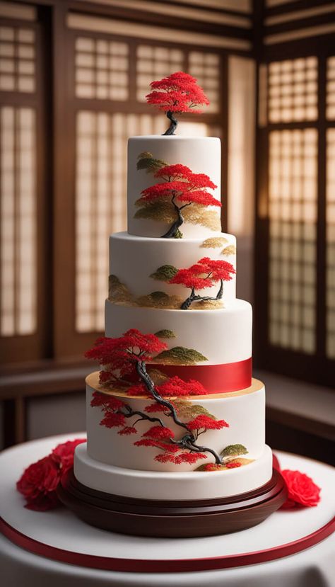 Japanese Themed Wedding Cake - AI creation Asian Themed Cake, Japanese Style Wedding Decoration, Japan Themed Wedding, Japan Inspired Wedding, Wedding Japanese Theme, Japanese Wedding Food, Japanese Theme Wedding, Anime Wedding Cake, Japanese Wedding Cake