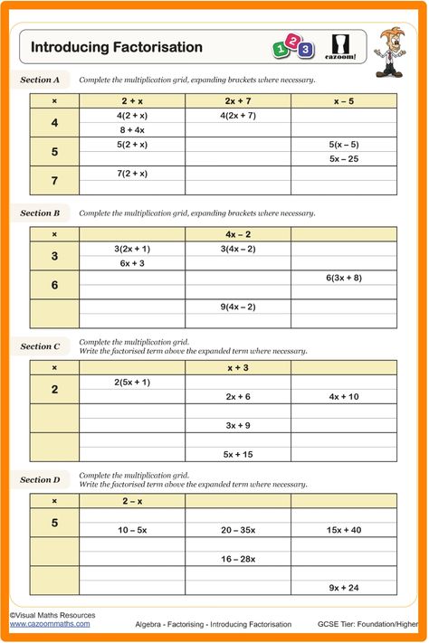 Introducing Factorisation Worksheet For Year 8 Year 8 Maths Worksheets, Algebra Equations Worksheets, Multiplication Grid, Equations Worksheets, Unique Expressions, Algebra Equations, Maths Worksheets, Expanded Form, Kids Math