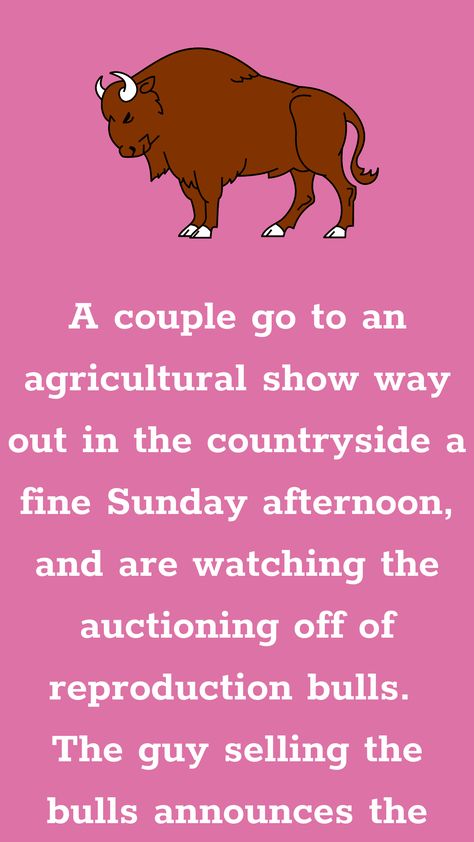 A couple go to an agricultural show way out in the countryside a fine Sunday afternoon, and are watching the auctioning off of reproduction bulls. The guy selling the bulls announces... Have Fun With Friends, Funniest Jokes, English Jokes, Best Jokes, Reading Humor, Funny Long Jokes, Long Jokes, Fun With Friends, Sunday Afternoon