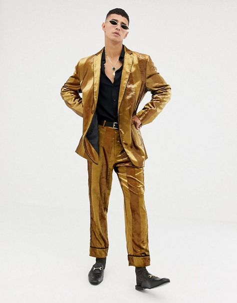 ASOS DESIGN oversized suit in tonal velvet mustard stripe | ASOS Men Vegas Outfit, Mustard Blazer Outfit, Lesbian Suits, Superstar Costume, Las Vegas Outfit Ideas, Oversized Suit Jacket, Male Model Photography, Christmas Formal, Vegas Outfit Ideas