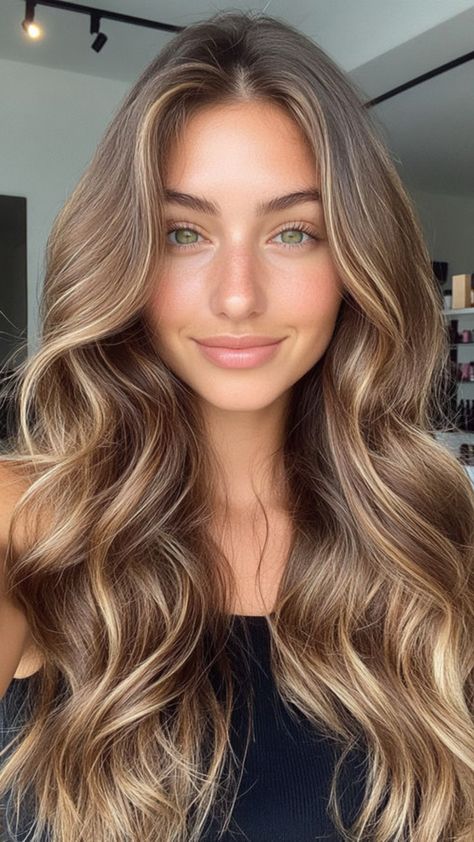 Lowlights Brunette Hair, Dirty Blonde With Brown Highlights, Caramel Formula Shades Eq, Tan Girl Hair Color Ideas, Brown Hair With Dirty Blonde Highlights, Foliage Hair Brunette, Hair For Hazel Eyes And Fair Skin, Winter Hair Inspo Color, Blonde Hairlights On Brown Hair