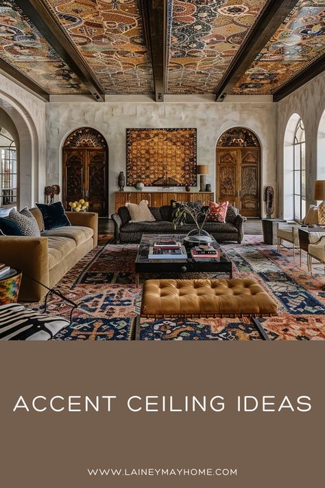 Are you looking to add some flair and personality to your living space without breaking the bank? Often overlooked, ceilings can be the perfect canvas for creative expression. Check out these 6 accent ceiling ideas!

#accentceilingideas #interiordesign #DIY #ceiling #accent #arches #vintagerugs Try Ceiling Ideas, Ceiling Murals Living Room, Arched Ceiling Ideas, Rugs On Ceiling, Wood Panels On Ceiling, Different Ceiling Ideas, Wallpaper Ceiling With Beams, Pan Ceiling Ideas, Ceiling Design Wallpaper