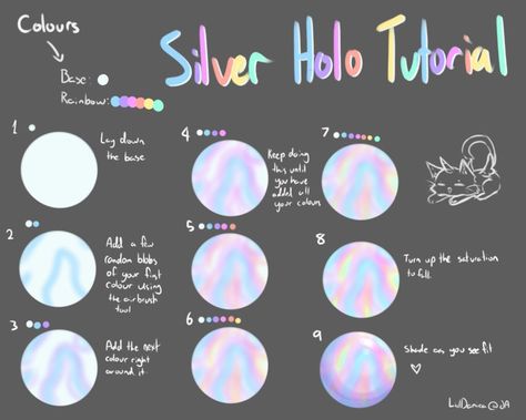 Silver Holo Tutorial by LiilDanica Hologram Tutorial Digital Art, Hologram Drawing Tutorial, How To Draw Hologram Effect, Holographic Clothes Drawing Tutorial, Holographic Digital Art Tutorial, How To Paint Holographic, How To Color Holographic Digital, How To Paint Silver Digital, How To Shade Silver Digitally