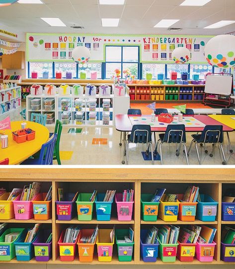 Classroom Kindergarten Design, Classroom Environment Preschool, Best Kindergarten Classroom Setup, Kindergarten Classroom Rainbow Theme, Kindergarten Classroom Layout Ideas, Kindergarten Moodboard, Rainbow Kindergarten Classroom, Prek Classroom Setup Ideas, Kindergarten Classroom Setup Layout