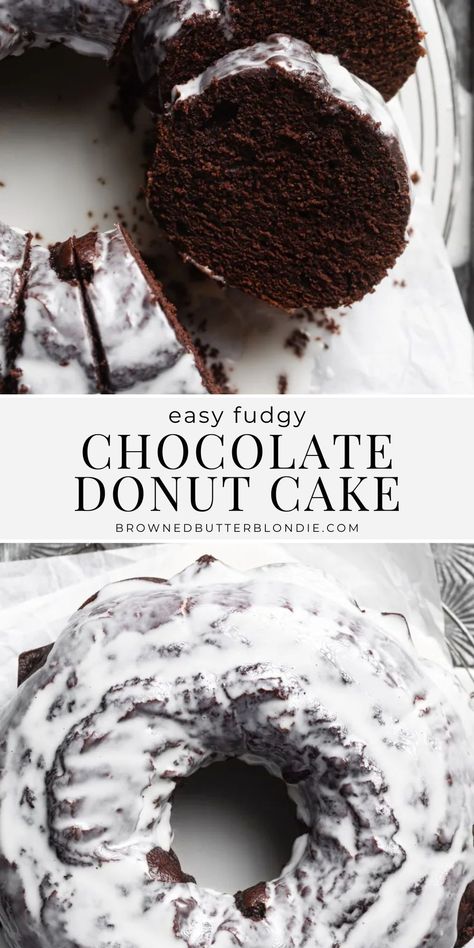 Take all the delicious flavors of a chocolate old fashioned donut and turn them into an easy chocolate donut cake. Perfectly chocolately and topped with a sweet vanilla glaze, this cake is a hit for both breakfast and dessert! | Browned Butter Blondie Chocolate Cakelet Recipes, Chocolate Cake With Glaze, Chocolate Breakfast Cake, Turtle Bundt Cake Recipes, Chocolate Decorating Ideas, Chocolate Cake Without Coffee, Pretty Bundt Cakes, Donut Pound Cake, Round Cake Recipes