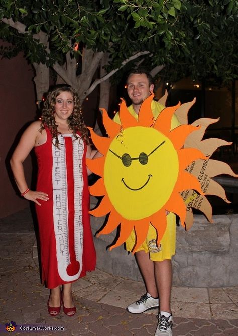 Michelle: Who: Couple's costume with my boyfriend Chris. The idea came from: Goodwill How To Make: Thermometer: Find any red dress. Cut out with felt the white thermometer and the red... Sun Custome Halloween, Sun Diy Costume, Diy Sun Costume, Orange Costume Ideas, Sun Costume Diy, Sun Costume Women, Cinderella Props, Sun Costume, Couple's Costume