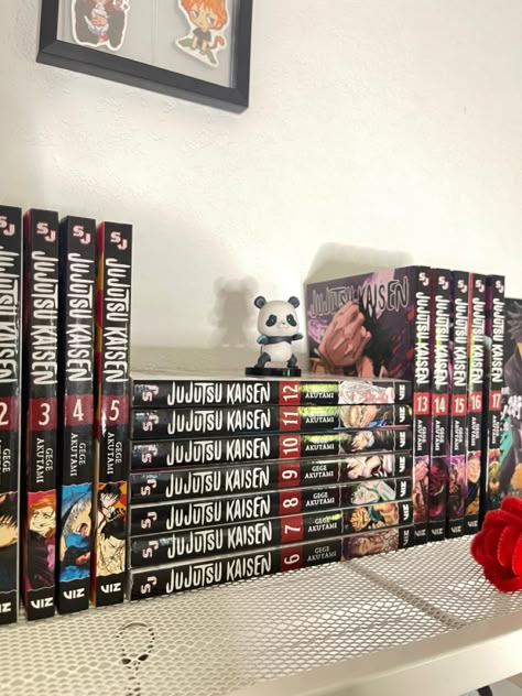 manga | jjk | panda | books | aesthetic | Jjk Manga Collection, Manga Shelf Organization, Manga Collection Room Aesthetic, Shelving Manga, Manga Organization, Otaku Room Aesthetic, Manga Shelf Ideas, Thanks Universe, Wishlist Idea