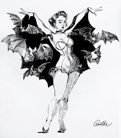 Woman With Bat Wings Art, Spooky Bat Tattoo, Bat Art Reference, Gothic Illustration Art, Fairy Pinup, Halloween Character Design, Pin Up Pose, Halloween Reference, Bat Drawing