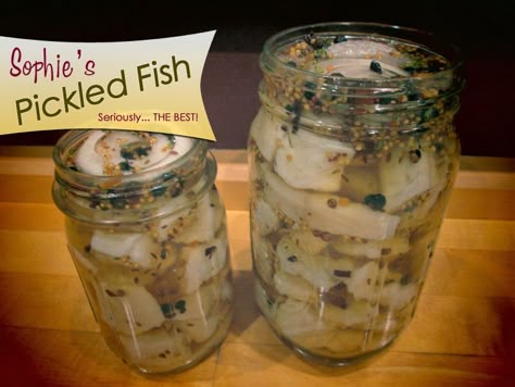 Sophie's Pickled Fish - Seriously... THE BEST!   This recipe is extremely easy and delicious. Just follow the detailed, step-by-step instru... Northern Pike Recipe, Pickled Herring Recipe, Pike Recipes, Pickled Fish Recipe, Pickled Meat, Herring Recipes, Pickled Fish, Pickled Herring, Dehydrated Recipes