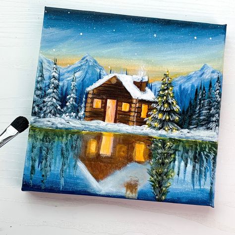 How to paint a winter cabin scenery for beginners Christmas Landscape Painting Easy, Christmas Paintings Landscape, Winter Painting Ideas On Canvas, Winter Acrylic Paintings, Christmas Landscape Painting, Easy Christmas Paintings For Beginners, Winter Canvas Painting, Scenery For Beginners, Painting Idea For Beginners