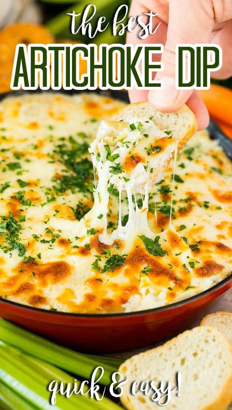 This artichoke dip recipe is a blend of three types of cheese, artichoke hearts, garlic and herbs, all baked together to golden brown perfection. Best Artichoke Dip, Finger Sandwich, Starter Ideas, Dip Recipes Appetizers, Artichoke Dip Recipe, Artichoke Recipes, Appetizers Easy Finger Food, Best Appetizer Recipes, Dip Recipes Easy