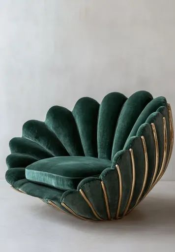 ↑↑↑ Larger size on website 🔸 A luxurious, emerald green velvet armchair shaped like a seashell. The chair is accented with gold,  🔸 From Midjourney AI Image Bedroom Colors White, Mermaid Furniture, Art Deco Couch, Bridal Shop Interior, Emerald Green Bedrooms, Bold Chairs, Green Velvet Armchair, Geometric Chair, Louis Chairs