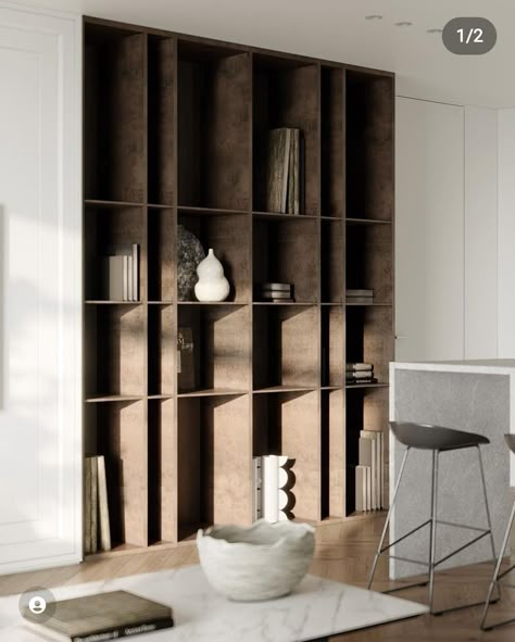 Book Wall Design, Modern Living Room Shelves, Living Room Library Wall, Living Room Designs Tv Wall, Living Room Cabinet Design, Shelving Ideas For Living Room, Office In Living Room Ideas, Modern Shelving Design, Interior Design Shelves