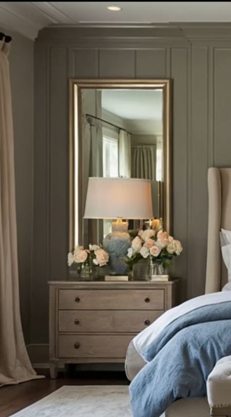 Wall Mirror Next To Bed, Bedside Table Wall Mirrors, Tall Chair Rail Bedroom, Bedside Table Ideas With Mirror, Mirror And Nightstand, Bedroom Side Table Mirror Ideas, Mirror Above Bedside Table Night Stands, Mirror Above Headboard Bedroom, Bedroom Decor Mirrors Bedside