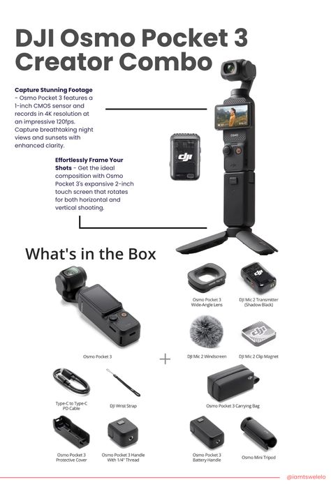 DJI Osmo Pocket 3 Creator Combo with 1'' CMOS, 4K/120fps video, and 3-axis stabilization, ideal for vlogging and photography. Dji Osmo Pocket 3 Creator Combo, Dji Pocket 3, Dji Osmo Pocket 3, Camera Vlog, Dji Pocket 2, Best Vlogging Camera, Light Box Photography, Film Tips, Drawing Furniture