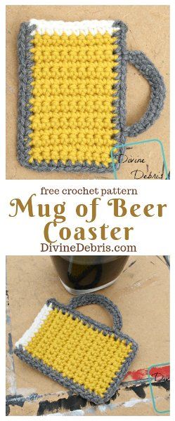 Mug of Beer Coaster free crochet pattern by DivineDebris.com #crochet #freepattern #mugofbeer #appliques #coasters #StPatricksDay #beer Beer Stein Crochet Pattern, Crochet Beer Holder, Crochet Coaster Patterns, Crochet Beer, Crochet Cup Coaster, Coasters Free Pattern, Mug Of Beer, Coaster Patterns, Crochet Coasters Free Pattern