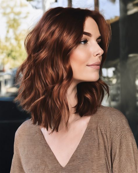 Auburn Waves with Soft Layers Auburn Hair Color On Brown Hair, Auburn Hair For Green Eyes, Lob Auburn Hair, Root Melt Auburn, Level 5 Auburn Hair Color, Dark Auburn With Blonde Highlights, Auburn Hair Olive Skin, Cool Auburn Hair, Medium Red Brown Hair