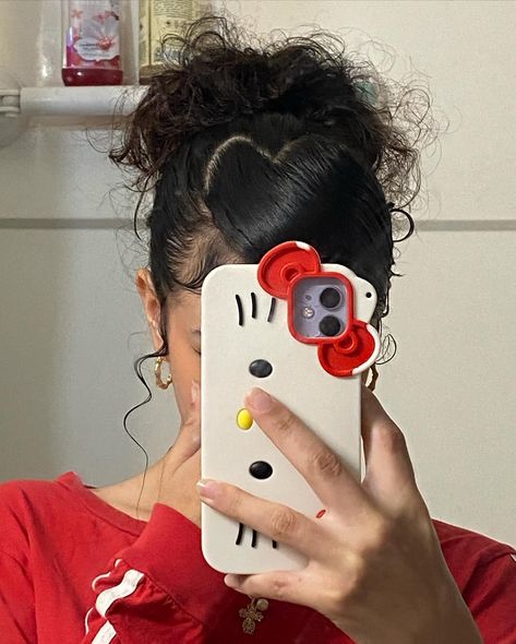 A cute heart part ❤️ #explorepage #explore #curlyhairstyles #curlyhaired Heart Slick Back Bun, Heart Side Swoop Ponytail, Heart Shaped Slick Back Bun, Heart Swoop Bun, How To Do A Heart Bun, Heart Hair Part, Heart Slick Back, Cute Hairstyles Buns, Heart Side Part