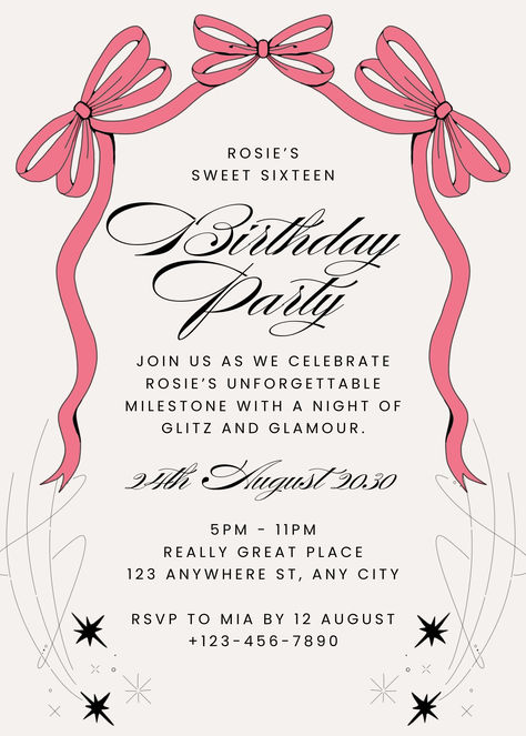 Pink Beige Modern Glamour 16th Kids Birthday Invitation Pink Birthday Party Invitations Template, 19 Birthday Invitations, Birthday Invitation Template Pink, Party Invitations Sweet 16, Birthday Template Invitation, 15th Birthday Invitation Template, Birthday Invite Pink, Birthday Invites Pink, Birthday Party Invitations Ideas