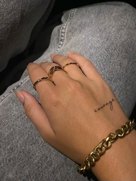 Courage Hand Tattoo, Mom Ideas Tattoo, Small Tatts For Woman, Worthy Hand Tattoo, Tattoos For Courage, Strength Hand Tattoo, Small Hand Tattoos For Women Words, 11 11 Hand Tattoo, Word Tattoo Hand